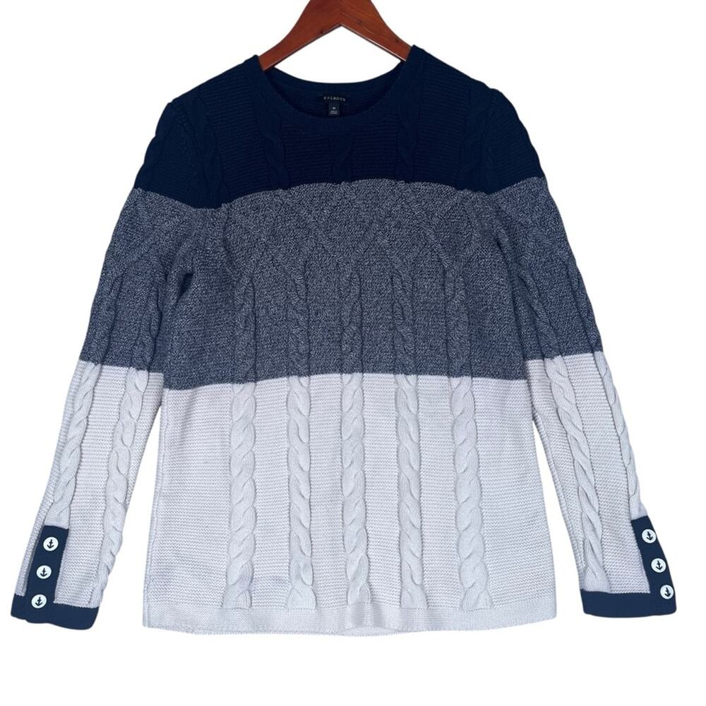 Talbots Cable Knit Sweater Womens Medium Nautical Fisherman Coastal Blue White